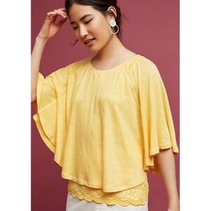 Akemi+Kin Cape Top Womens M Yellow Linen Lace Layered Boho Batwing Anthropologie